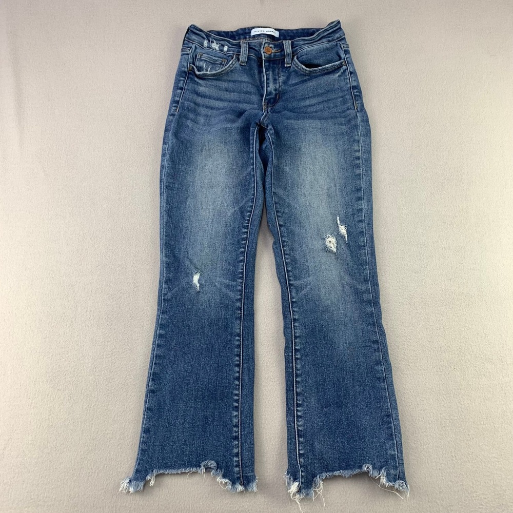 Flying Monkey Distressed Crop Jeans Women 24 Blue Raw Hem Flare Stretch Denim